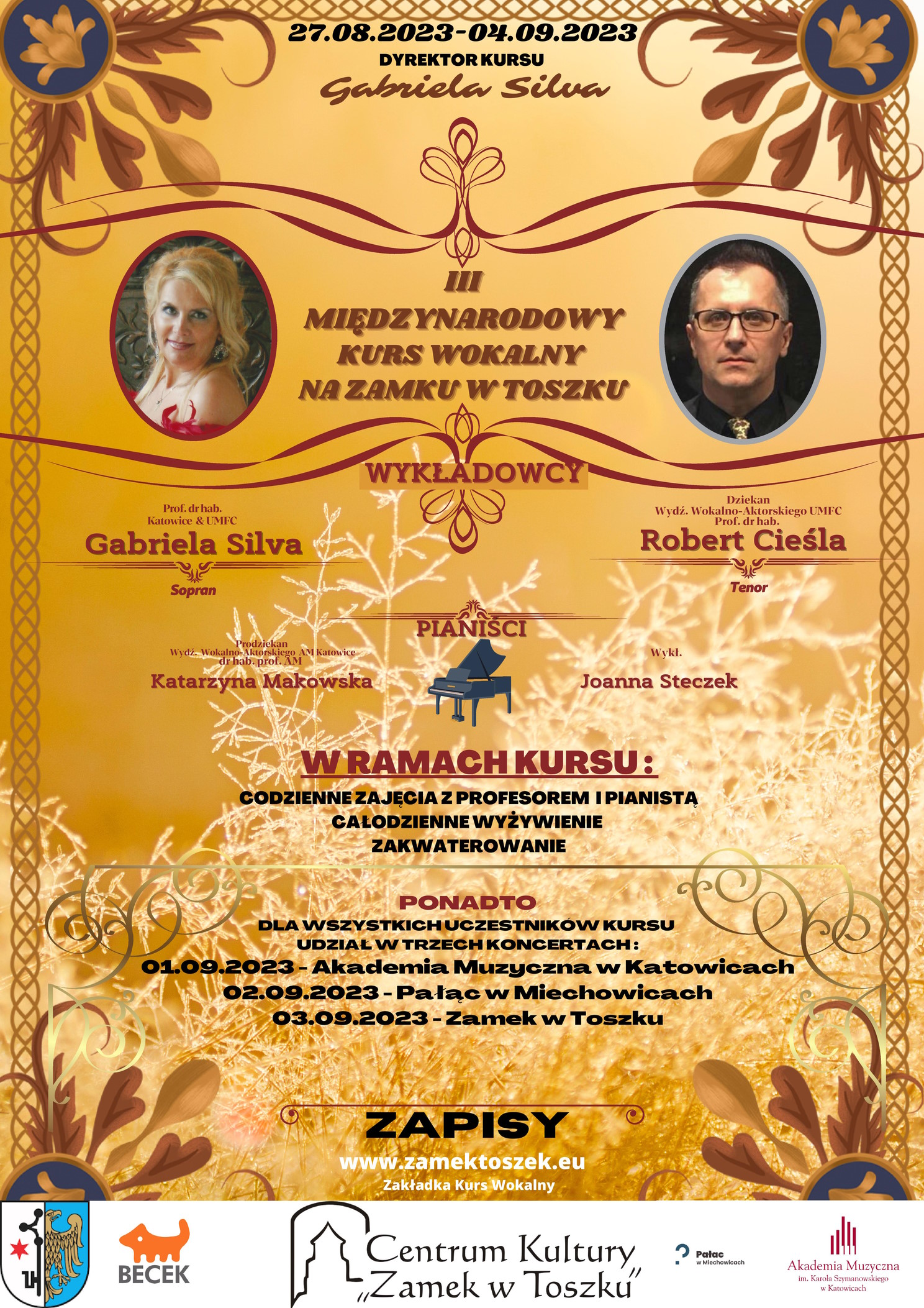 Plakat - ogłoszenie o III międzynarodowym kursie wokalnym na zamku w toszku