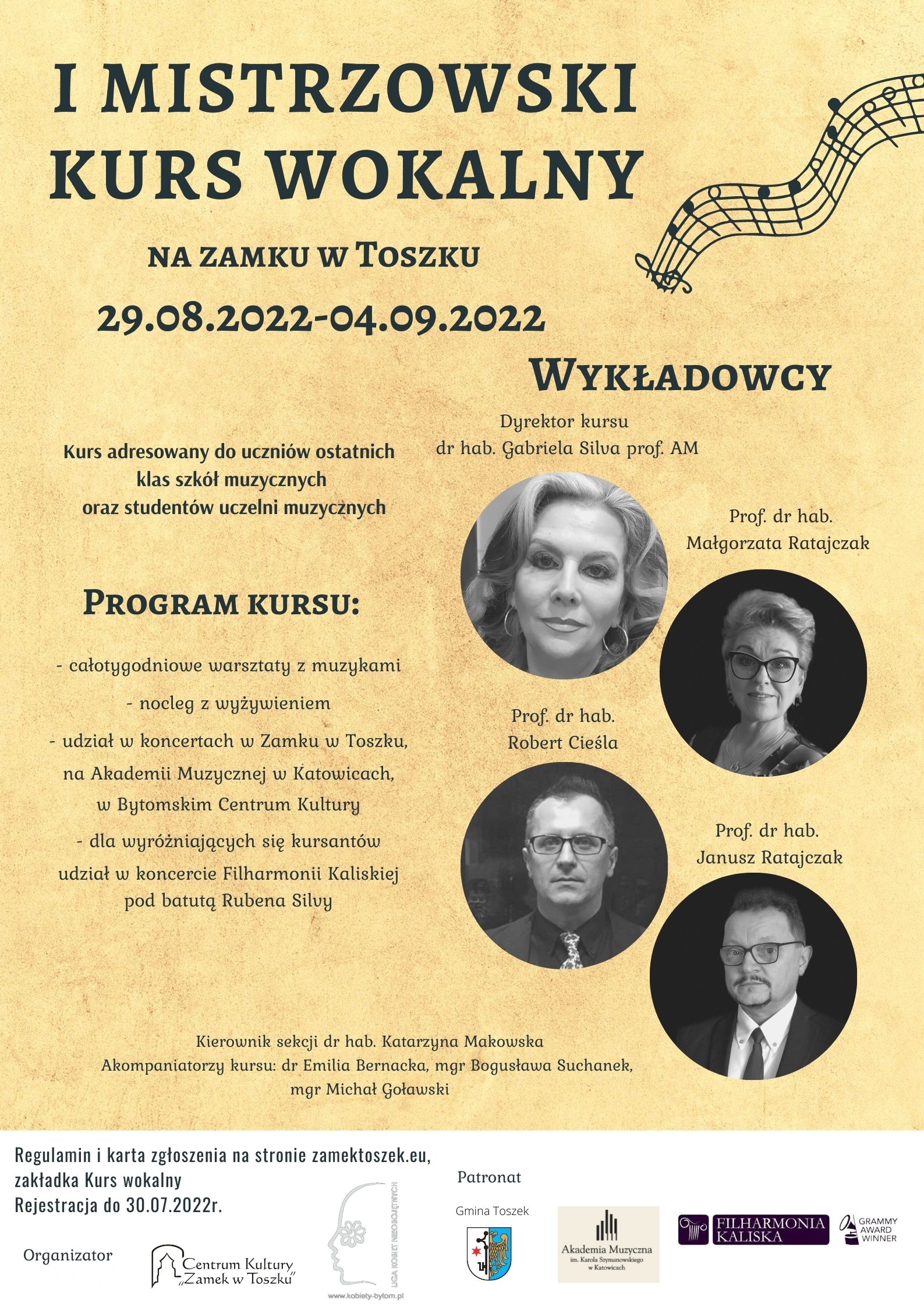 Plakat pierwszego mistrzowskiego kursu wokalnego na zamku w toszku. Więcej informacji: e-mail: kurswokalny@zamektoszek.eu